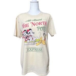 Disney Mickey Minnie Pluto‎ North Pole Express Cream Graphic T-Shirt Size M